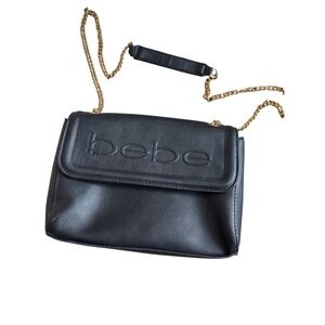 Bebe Black Faux Leather Chain Shoulder Bag Embossed Logo Flap Gold Tone